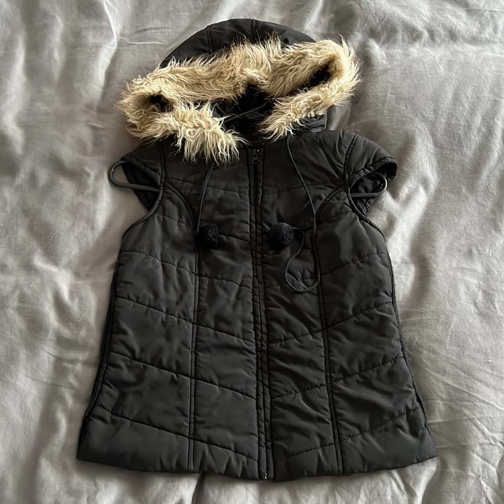 Black Faux Fur Hooded Puffer Vest Knit Back Small